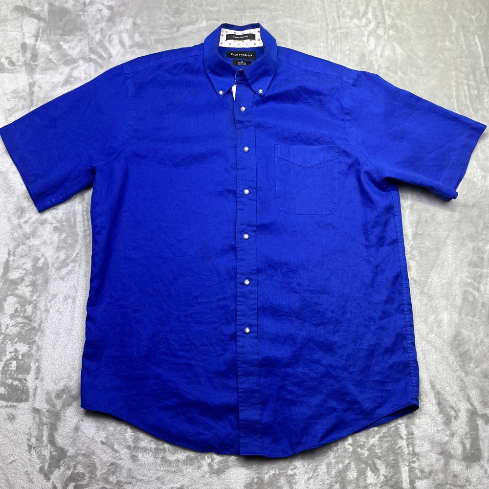 Paul Fredrick Linen Shirt Luxury Non-Iron Short Sleeve Button Up Blue 16 Boho